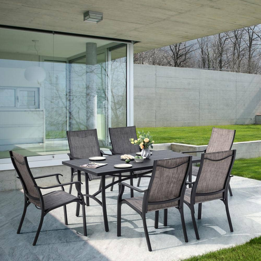 Grayish Brown 7-Piece Textilene and Aluminum Outdoor Dining Set with 1.97 in. Umbrella Hole -  Nuu Garden, SD101-T23A