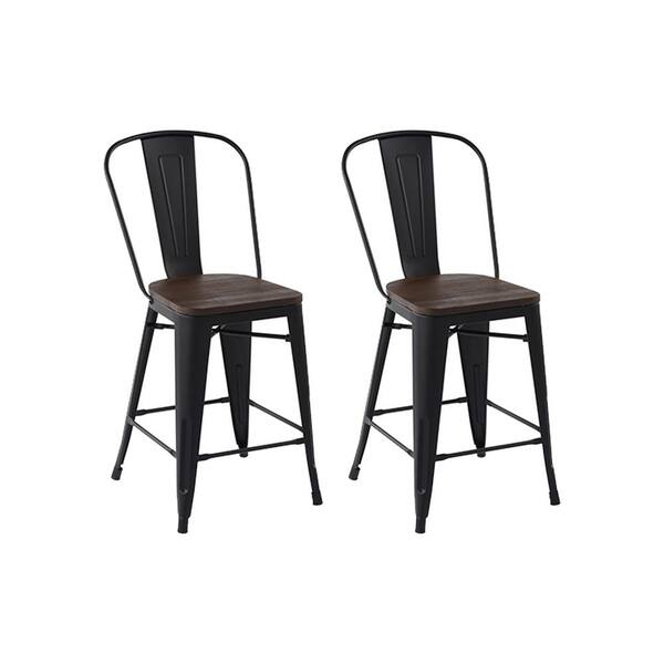 Homy Casa Thocar 24 in. Kitchen Counter Height Black Metal Bar Stools with Wooden Seats and Backrest, Indoor Outdoor Set of 2