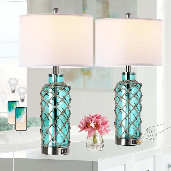ARISKEEN 25 in. Blue Green Glass Table Lamp Set of 2, Touch Coastal Rope Net Bedside Lamp with USB C+A Fast Charging Ports