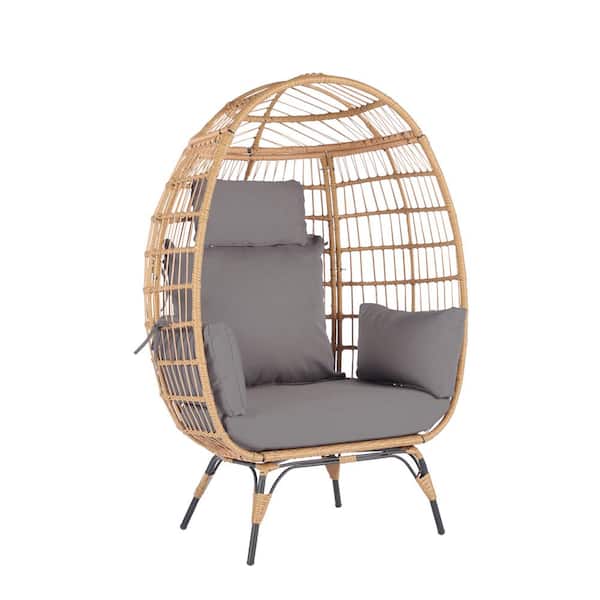 FORCLOVER Oversized Wicker Egg Chair Patio Backyard Living Room Indoor/Outdoor Recliner with Light Gray Cushions