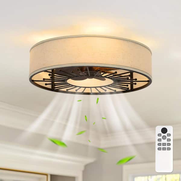 20 in. Indoor Black 100-240-Volt Low Profile Ceiling Fan with Linen Light Shade