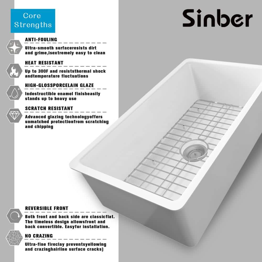 32" White Fireclay Drop-In Single Bowl Kitchen Sink with Drainboard