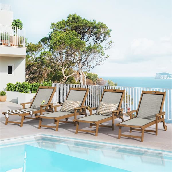 Hotormer 4-Piece Teak HDPS Plastic Patio Outdoor Chaise Lounge Chairs with Wheel Adjustable Textilene Recliner