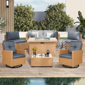 8-Piece Wicker Patio Fire Pit Conversation Set with Swivel Chairs and Dark Gray Cushions