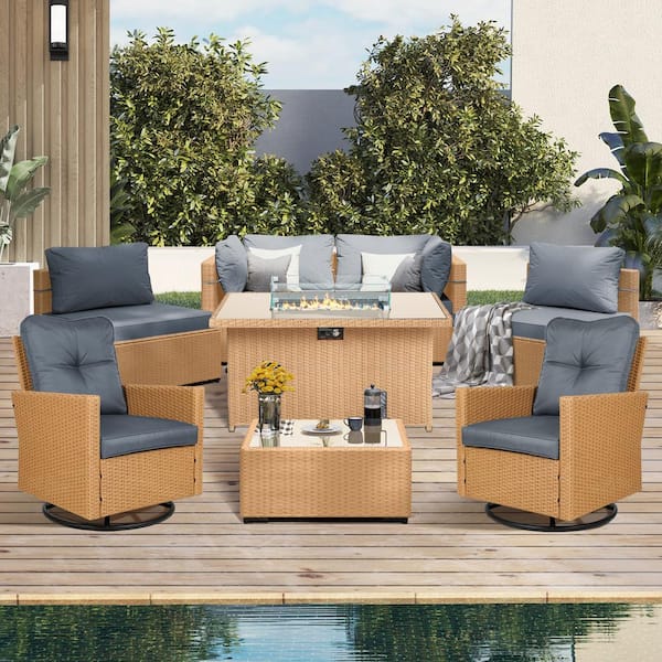 UPHA 8-Piece Wicker Patio Fire Pit Conversation Set with Swivel Chairs and Dark Gray Cushions