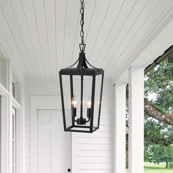 19.5 in. 2-Light Sandy Black Hardwired Outdoor Lantern Pendant Light with Clear Glass