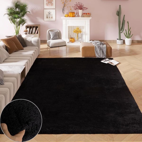 GHDG Solid Shag Black 8 ft. x 10 ft. Plush Soft Area Rug