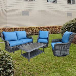 Gray 4-Piece Wicker Patio Conversation Seating Set with Blue Cushions
