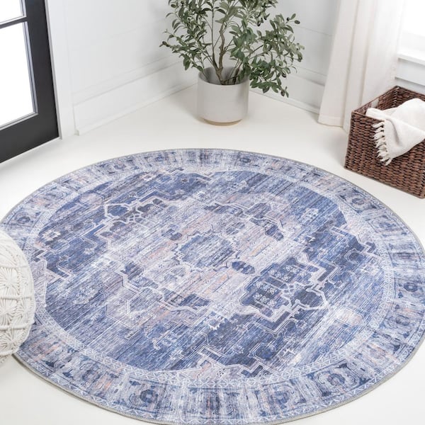 Alanya Ornate Navy/Cream 5 ft. Medallion Machine-Washable Round Area Rug
