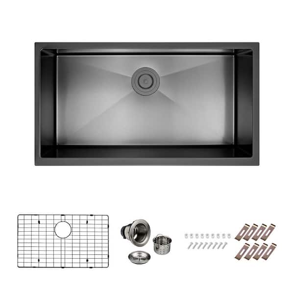 PELHAM & WHITE Nepera Black 16 Gauge Stainless Steel 33 in. Single Bowl Kitchen Sink with Bottom Grid and Drain