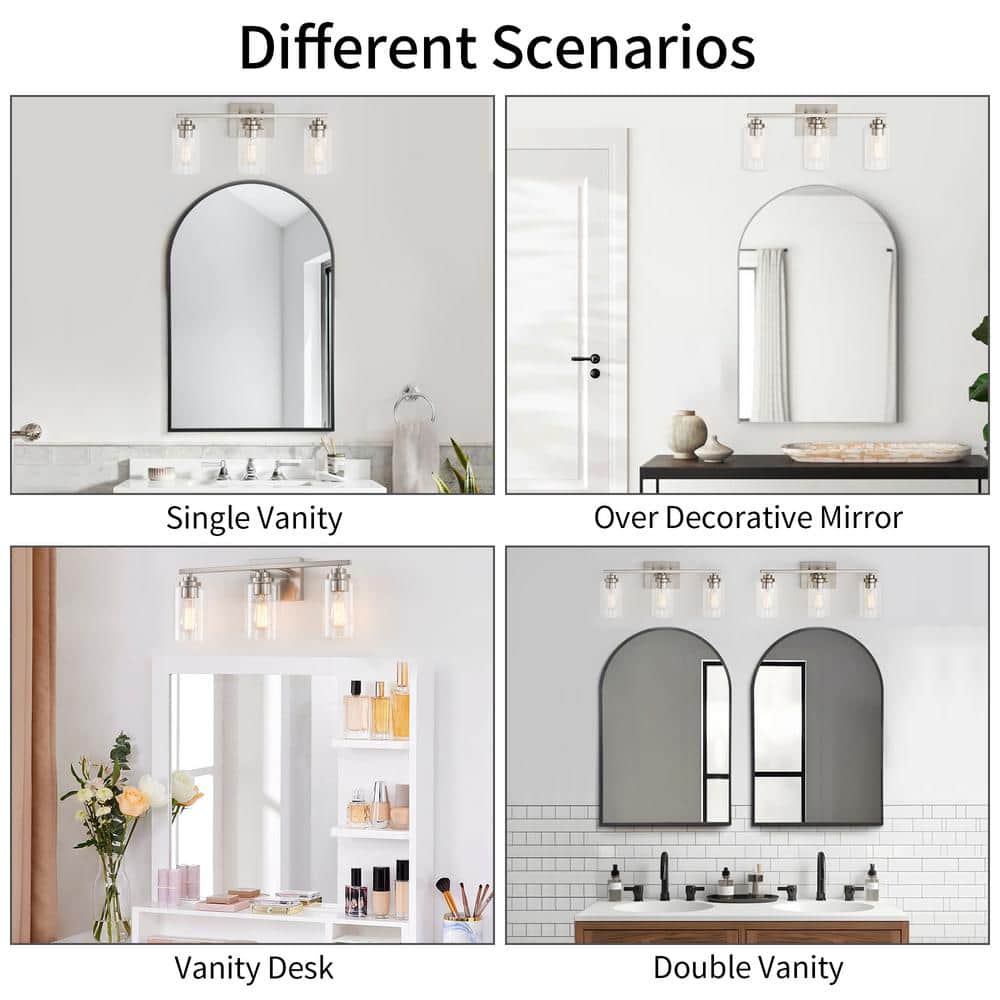 Brushed Nickel 3-Light Cylinder Glass Outdoor Vanity Fixture