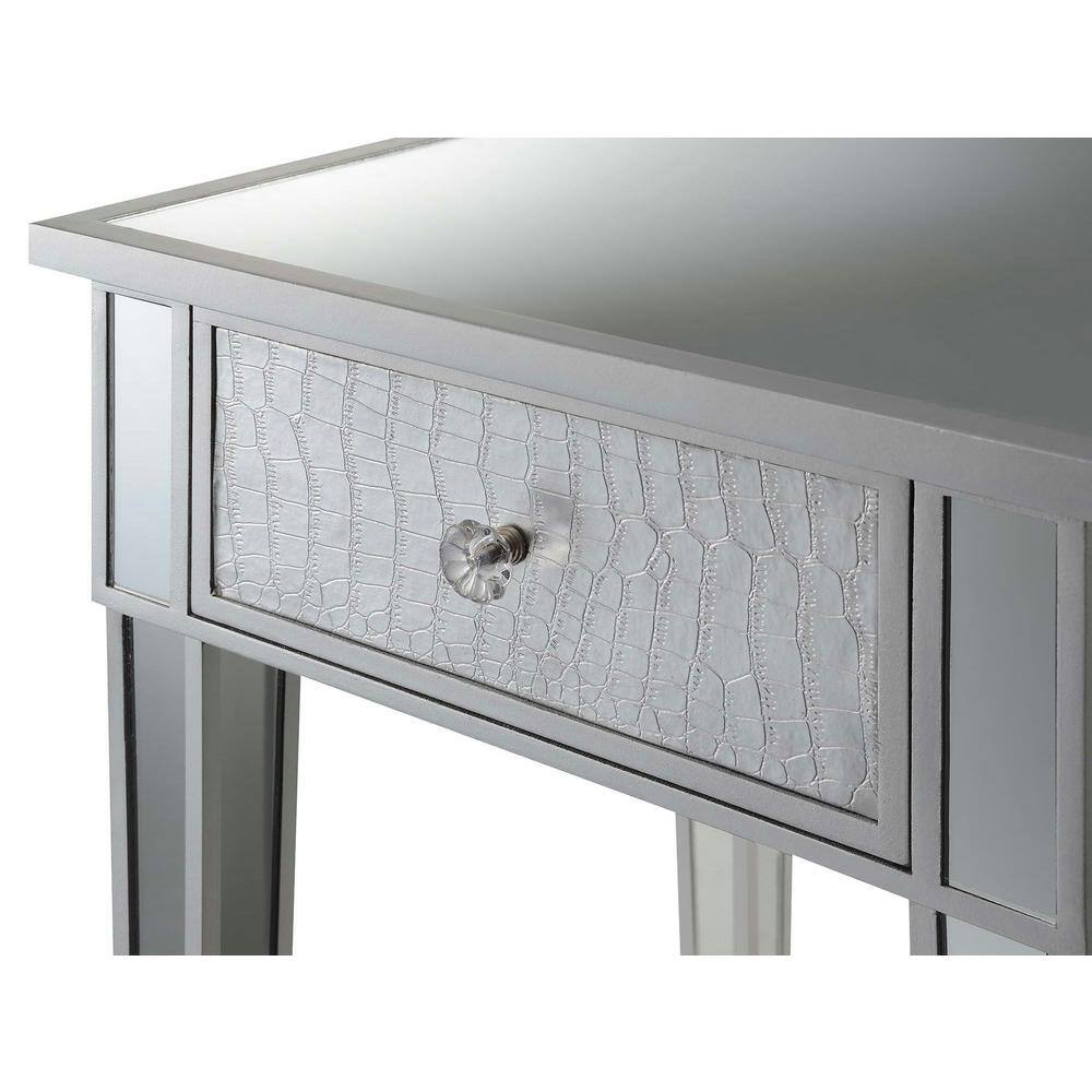 Silver Mirrored Glass and Gray Wood End Table with Drawer