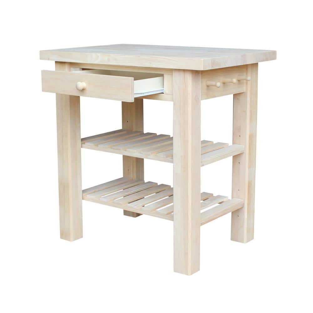 Natural Unfinished Parawood Kitchen Island with Drawer and Shelves