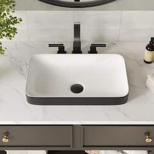 19 in . Rectangular Bathroom Ceramic Semi-Recessed Vessel Sink White and Black Art Basin
