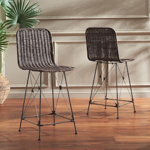 Minerva 37.4 in. H Dark Brown/Black Metal Bar Stool with Rattan Seat Set of 2