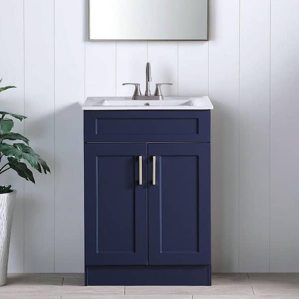 24 in. W x 18.5 in. D x 34 in. H. Modern Bathroom Vanity in Blue with White Ceramic Sink Top