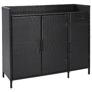 Black Wicker Patio Outdoor Bar, Weather-proof Rattan Storage Cabinet with Tempered Glass Desktop and Adjustable Shelf