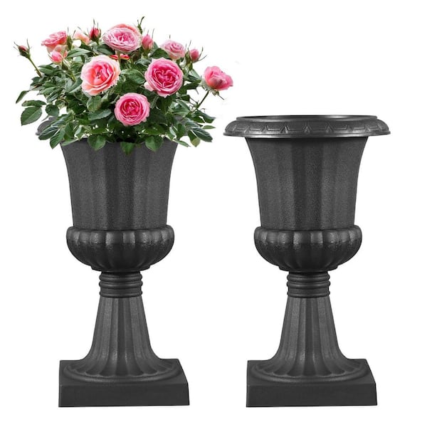 9.84 in. W x 16.54 In. H, Black Classic Plastic Urn Planters, Outdoor Flower Pots for Front Porch Stage Decoration Set