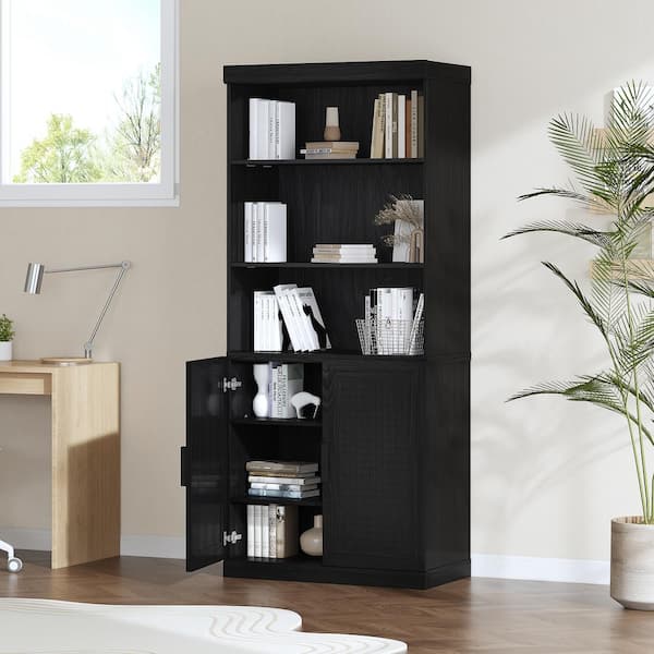72 in. Tall Black Wood 5-Shelf Bookcase with Adjustable Shelves