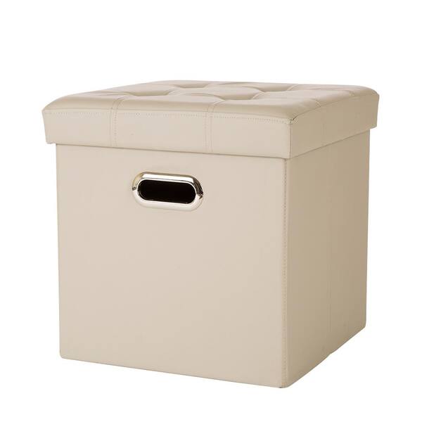 Glitzhome 15 in. H Beige Cube Faux Leather Foldable Storage Ottoman with Padded Seat