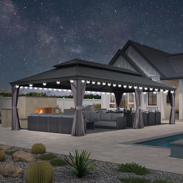 13 ft. x 20 ft. Gray Patio Outdoor Gazebo for Backyard Hardtop Aluminum Frame with Hooks, Netting, Curtain 36 Lights