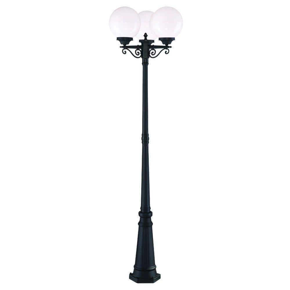 Havana Elegance 3-Light Matte Black Outdoor Post Lantern with Frosted Acrylic Globe