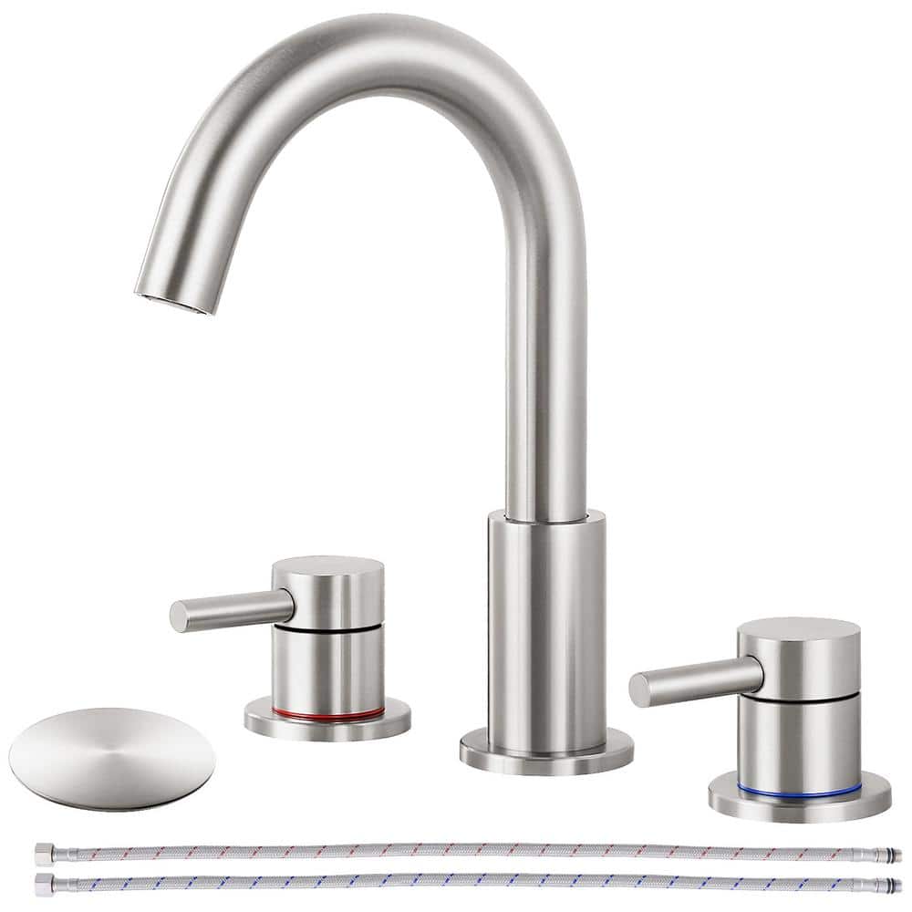 8 in. Widespread 2-Handle High Arc Bathroom Faucet with Drain Kit Included 