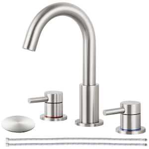 8 in. Widespread 2-Handle High Arc Bathroom Faucet with Drain Kit Included and All Mounting Hardware in Brushed Nickel