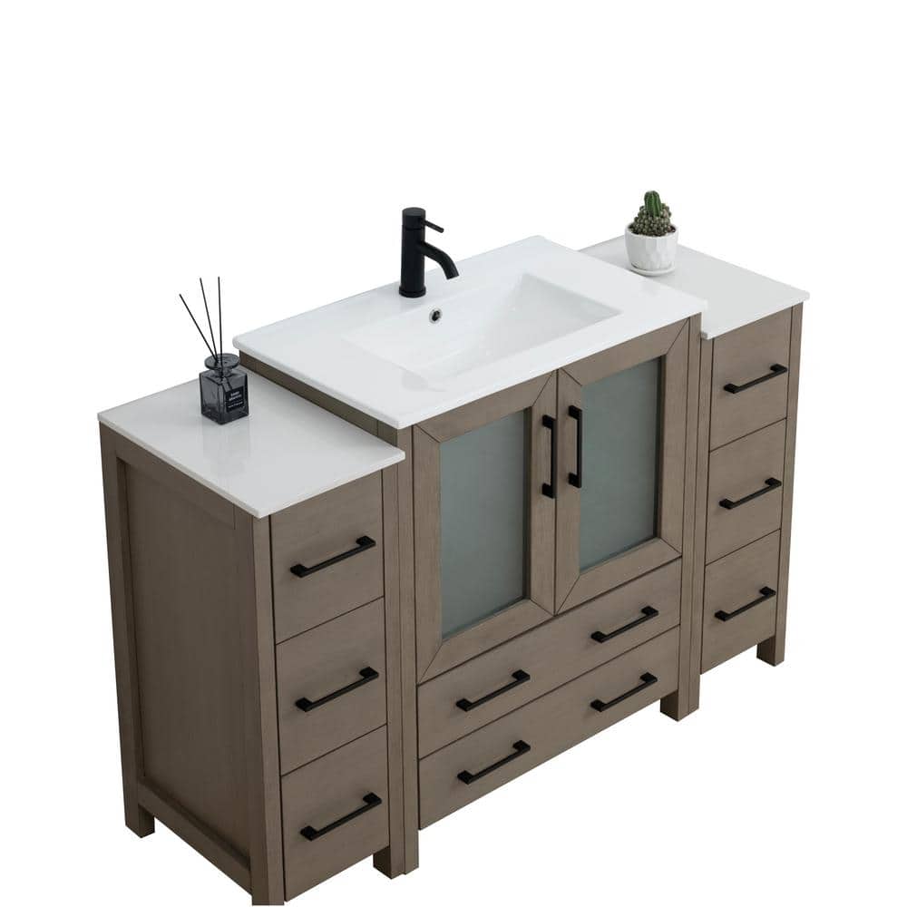 54" Driftwood Gray Solid Wood Bathroom Vanity with Ceramic Top and Mirror