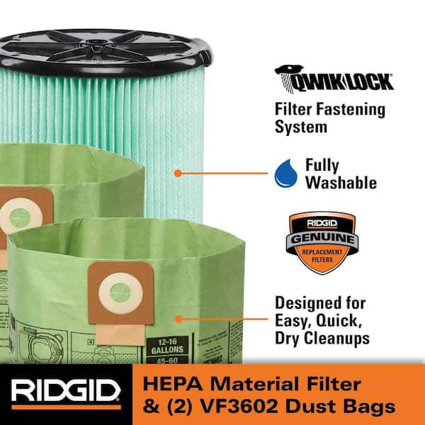 Genuine OSHA Compatible Kit with HEPA Material Filter, Cyclonic Dust Bags for Select 12-16 Gal RIDGID Vacuums VF6500