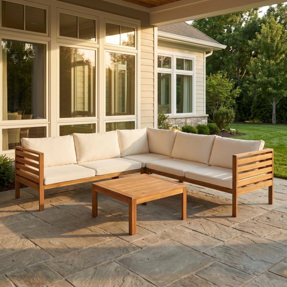 Exotic 4-Piece Brown Acacia Wood Outdoor Patio Conservation Sectional Sofa Set with Removable Beige  Cushion
