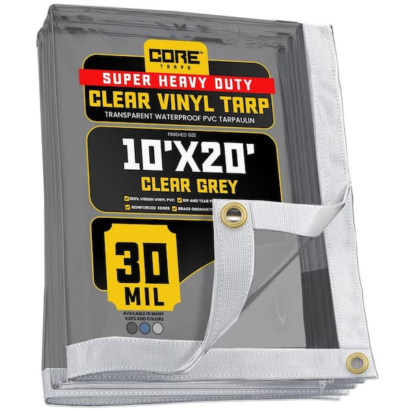 CORE TARPS 10 ft. x 20 ft. Clear Grey Extreme Heavy Duty 30 mil Vinyl Plastic Tarp, Waterproof, UV Protection, with Metal Grommets
