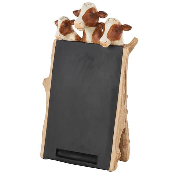 11 in. H Black Polystone Chalkboard Decorative Sign with Brown Tree Trunk and Cow Frame