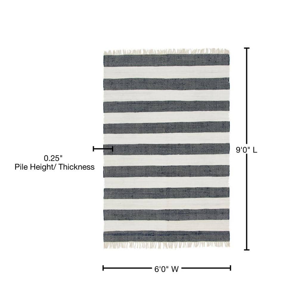 Handmade Navy Blue Stripe Braided 6' x 9' Rug