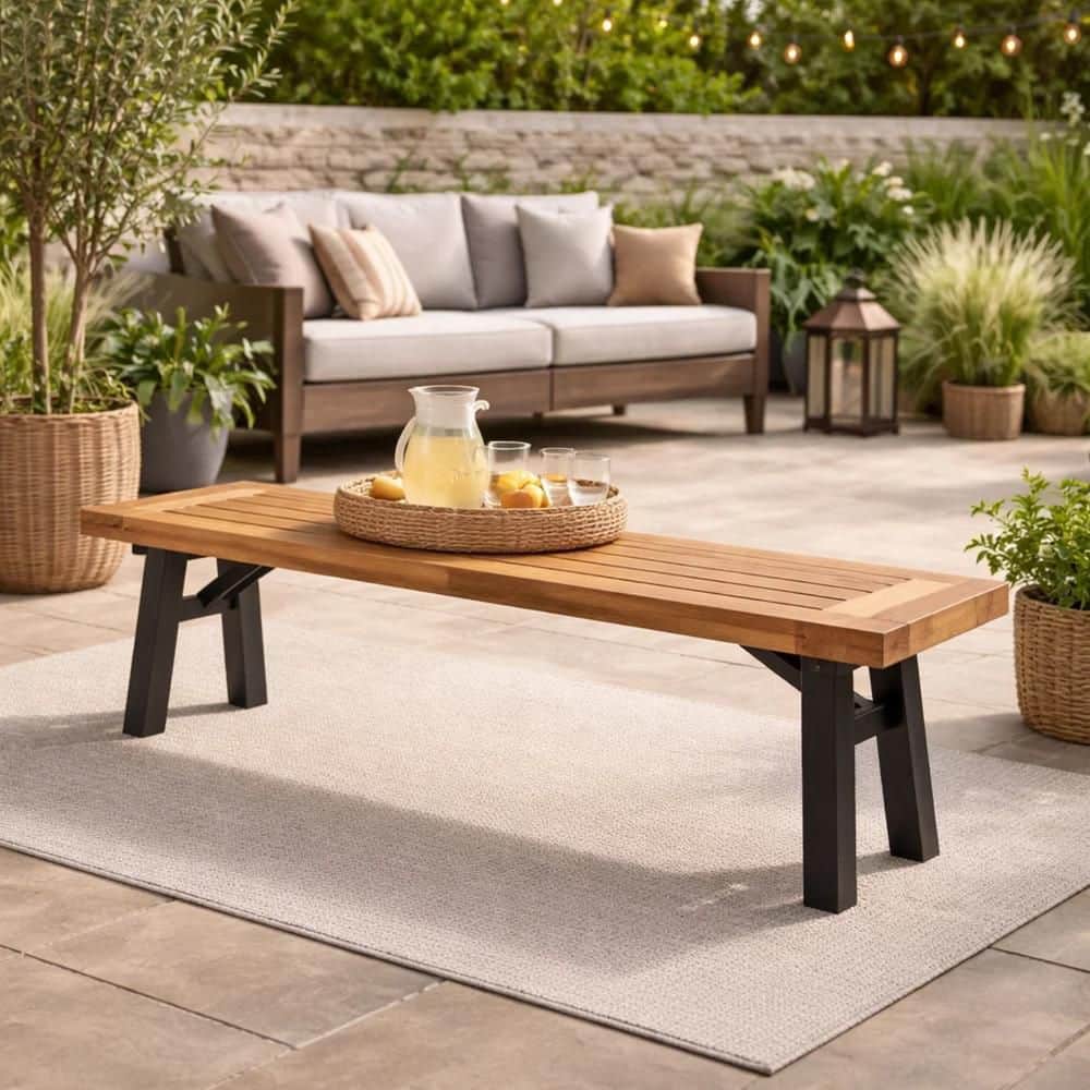 Benjara Wren Brown and Black 14.25 in. Acacia Wood Outdoor Bench