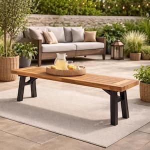 Wren Brown and Black 14.25 in. Acacia Wood Outdoor Bench with Slatted Top