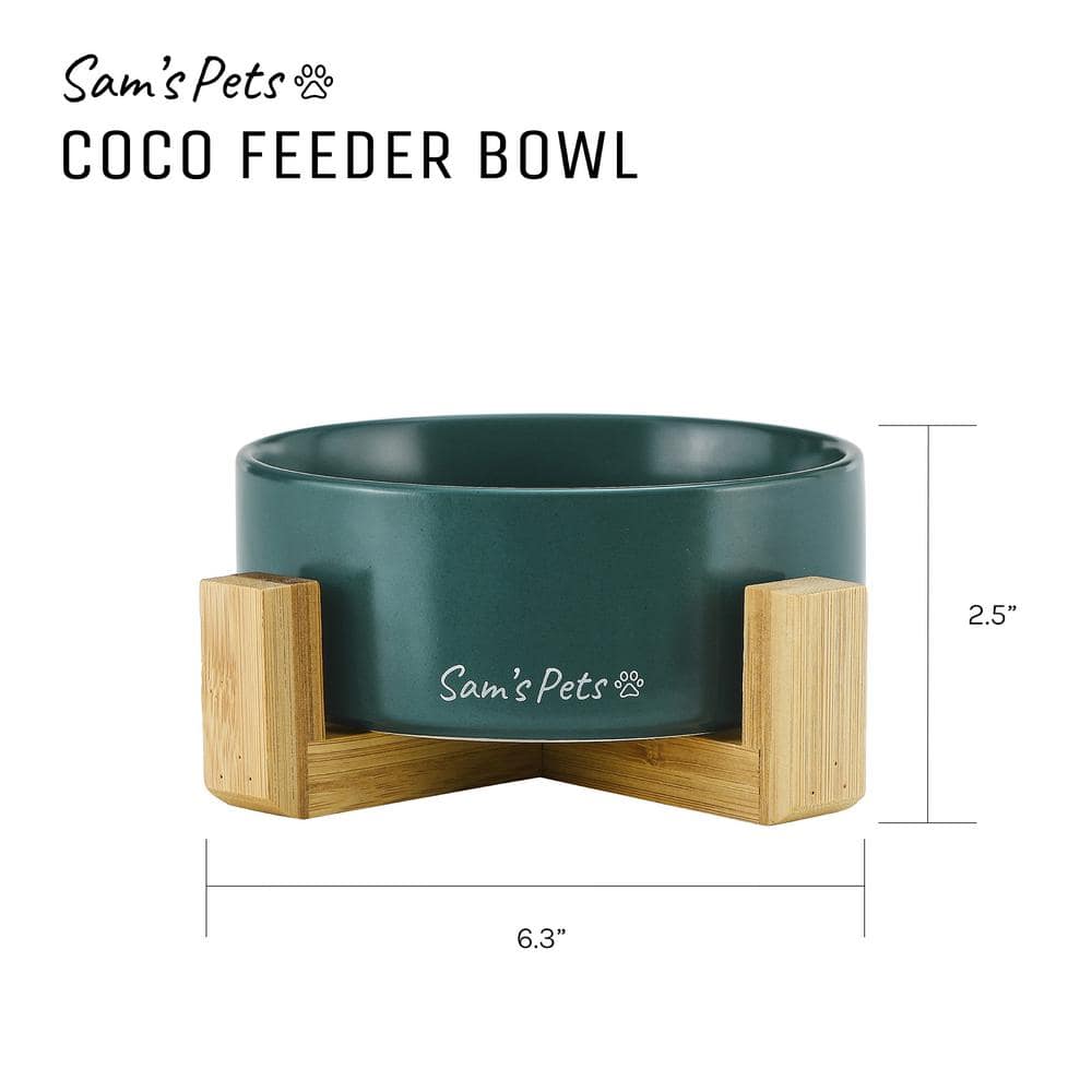 Green Ceramic Pet Bowl with Wooden Stand