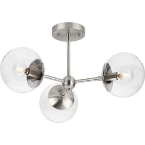 Atwell Collection 22 in. 3-Light Brushed Nickel Semi-Flush Mount Mid-Century Modern with Clear Glass Shade