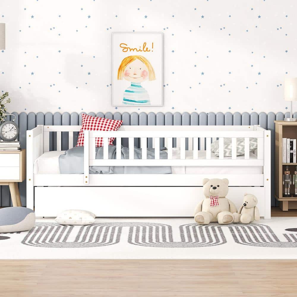 White Pine Wood Frame Twin Platform Bed with Trundle and Fence Guardrails