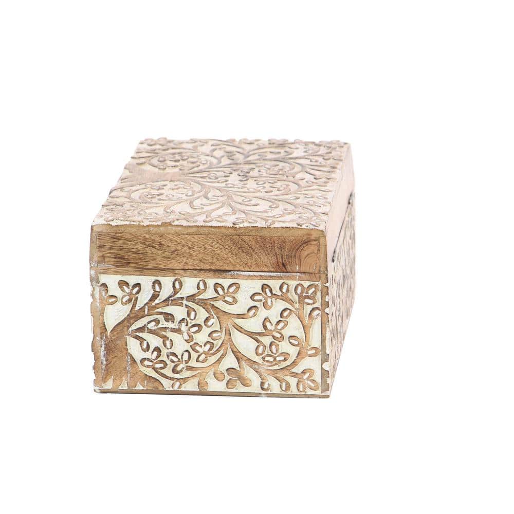 Set of 3 Brown Mango Wood Floral Decorative Boxes