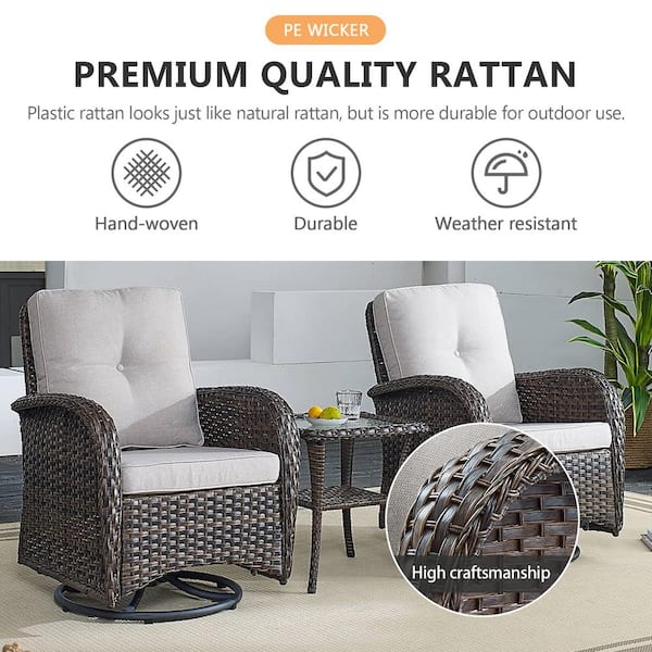 Brown 5-Piece Wicker Patio Conversation Set with Swivel Rockers, Outdoor Sofa Seating Set with Olefin Beige Cushions