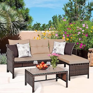 3-Pieces Rattan Wicker Sofa Set Outdoor Patio Sectional Conversation Set Garden Lawn with Cushions Beige