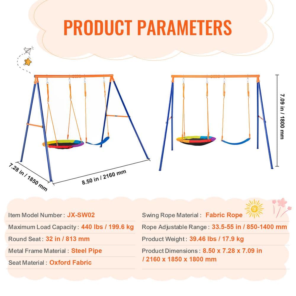 Colorful Metal A-Frame Swing Set with Saucer and Belt Seats