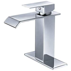 Single-Handle Single-Hole Waterfall Bathroom Sink Faucet Brass Basin Taps with Deckplate Included in Polished Chrome