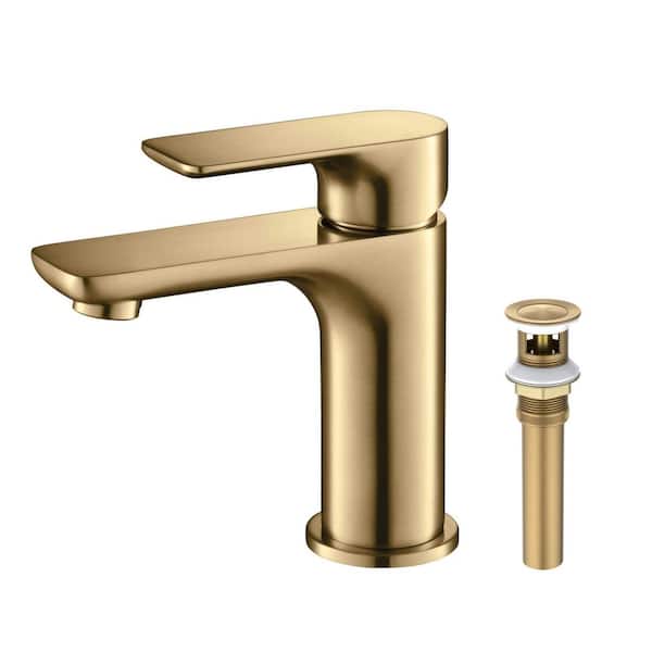 1- Handle 6.13 in. H Single Hole Bathroom Sink Faucet with Supply Lines and Pop-Up Drain in Brushed Brass