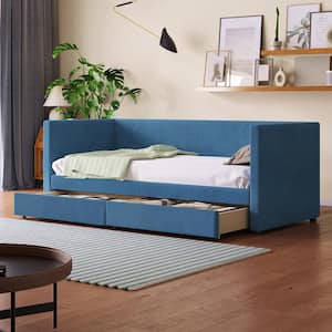 Blue Twin Size Upholstered Wood Daybed with 2-Drawers