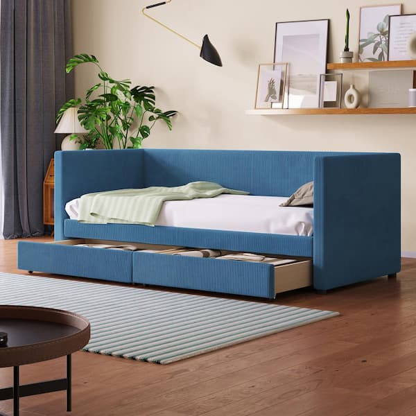 Harper & Bright Designs Blue Twin Size Upholstered Wood Daybed with 2-Drawers