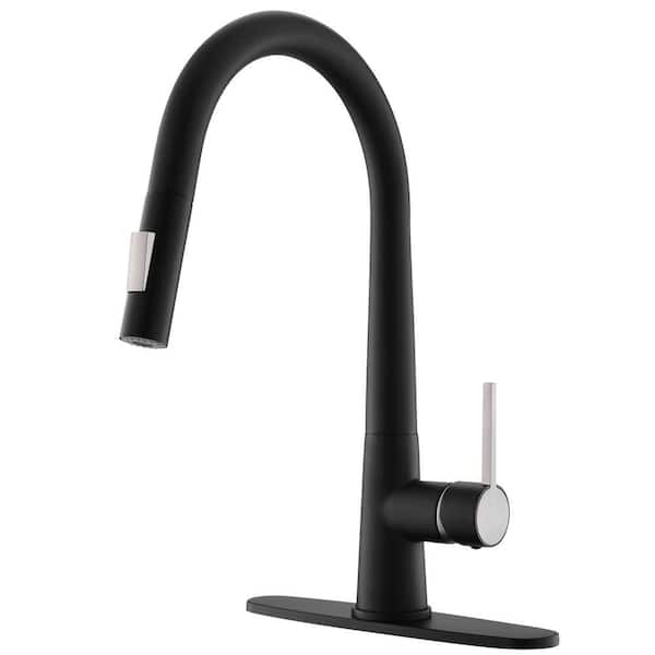 Modern Single Handle Pull Down Sprayer Kitchen Faucet, Black Kitchen Sink Faucet with Deck Plate in Matte Black