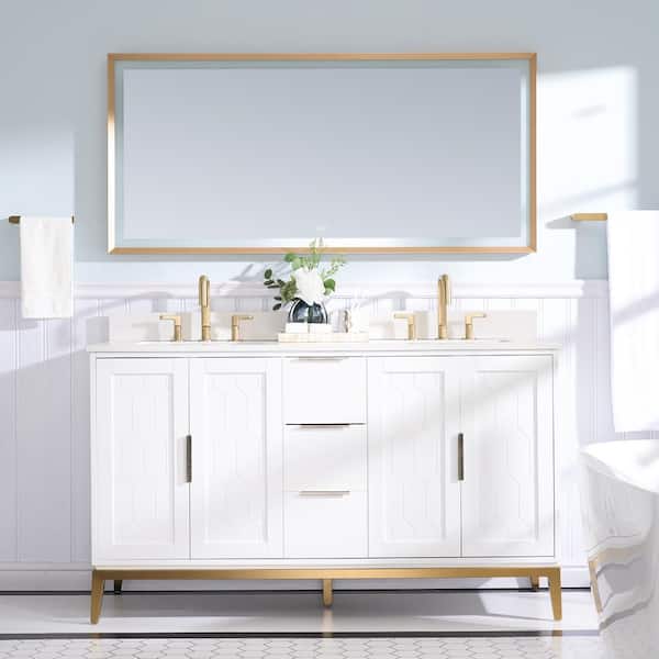 ANGELES HOME 60 in.W x 22 in.D x 35 in.H Double Sink Freestanding Bath Vanity in White w/White Quartz Top, LED Bathroom Vanity Mirror