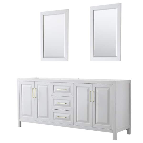 Wyndham Collection Daria 78.75 in. W x 21.5 in. D x 35 in. H Bath Vanity Cabinet without Top in White with Gold Trim and 24 in. Mirrors